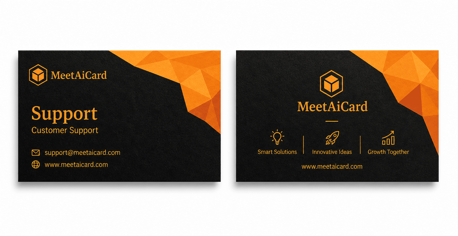 قالب بطاقة عمل AI: Black Orange Geometric Matte Tech Card (Geometric · Technology · Horizontal · Double-sided · Matte · Dark · Company) — meetaicard