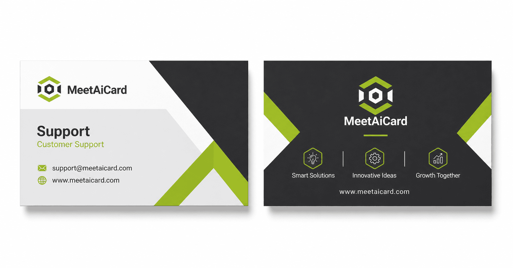 قالب بطاقة عمل AI: Black Green Geometric Split Business Card (Modern · Geometric · Technology · Horizontal · Double-sided · Matte · Neutral · Company) — meetaicard