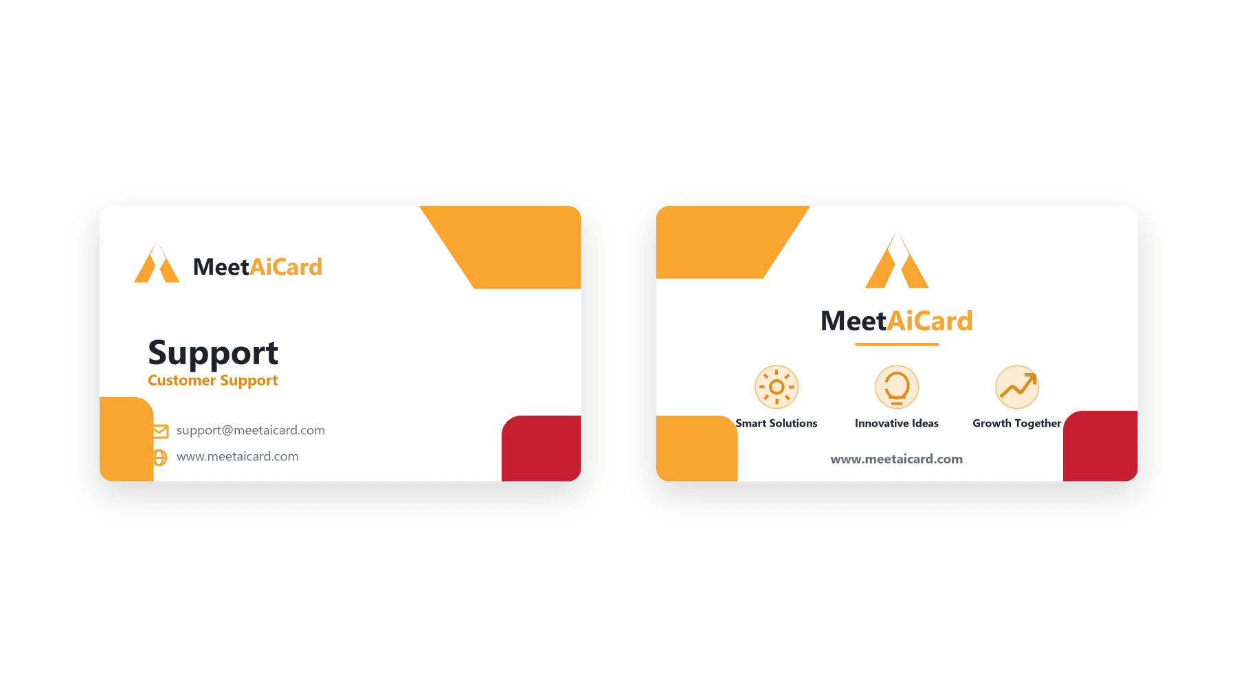 قالب بطاقة عمل AI: Orange Red Geometric Rounded Business Card (Modern · Technology · Horizontal · Double-sided · Rounded Corner · Light · Company) — meetaicard